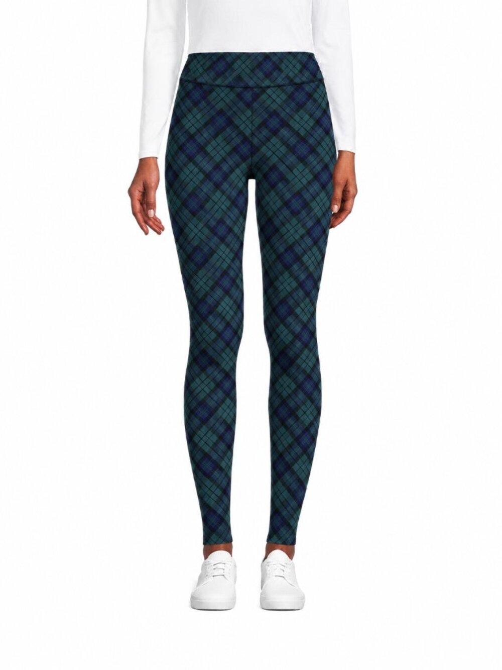 2/$30 Lands' End Serious Sweats Fleece-lined Leggings Plaid Navy Green #A4992